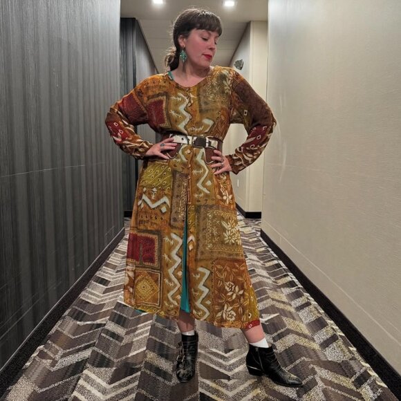 PRICE FIRM Vintage Duster Bohemian Multicolor Button-Down Flowy Sheer Top - Picture 3 of 11